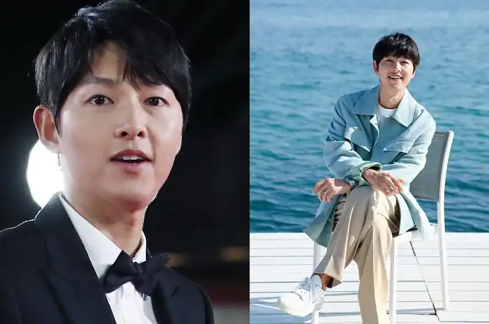 aktor Song Joong-ki dengan jas hitamnya dan suasana pantai